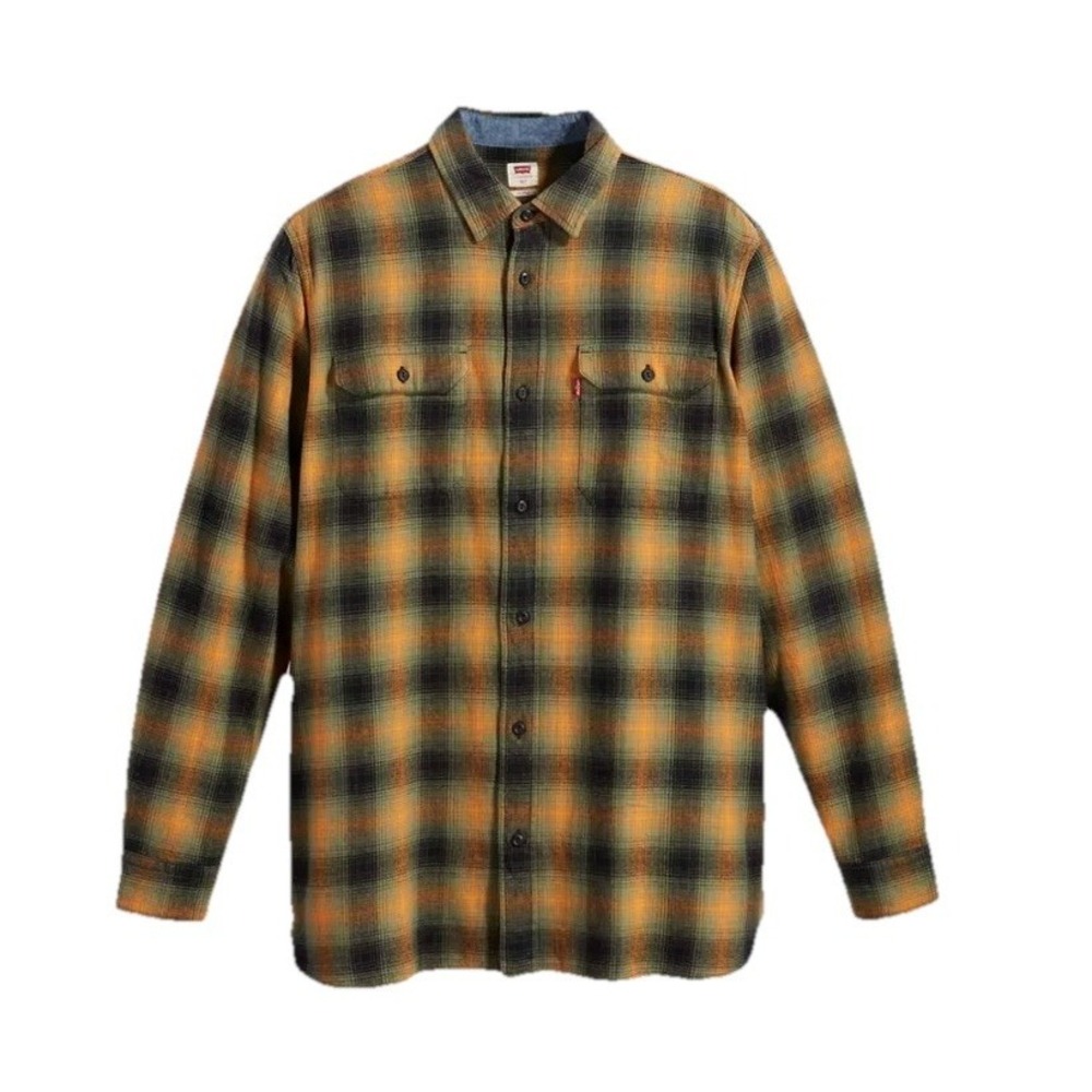 Levis Mens 3XL Flannel Button Up Shirt The Worker Relaxed Fit Plaid Orange Multi